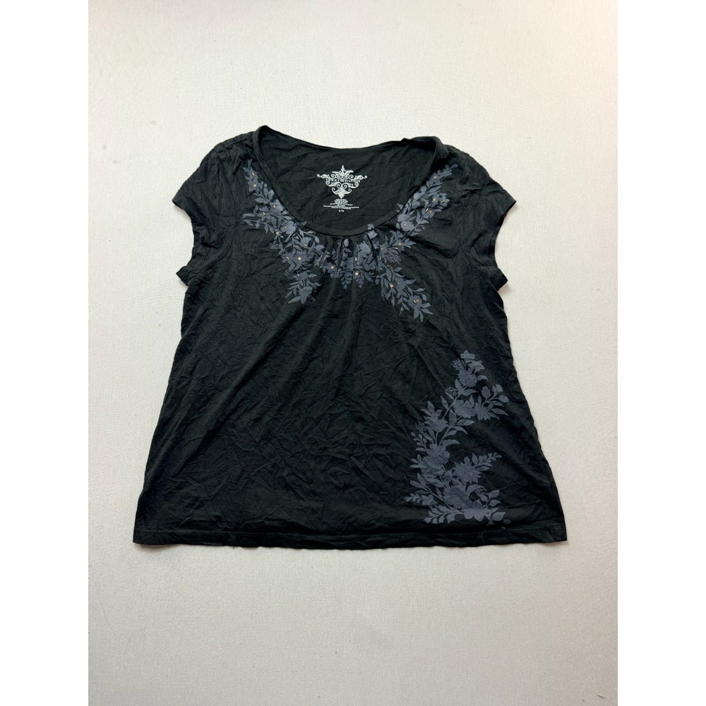 Tommy Hilfiger Cap Sleeve Top Women Large Black Excellent Floral Beaded Scoop